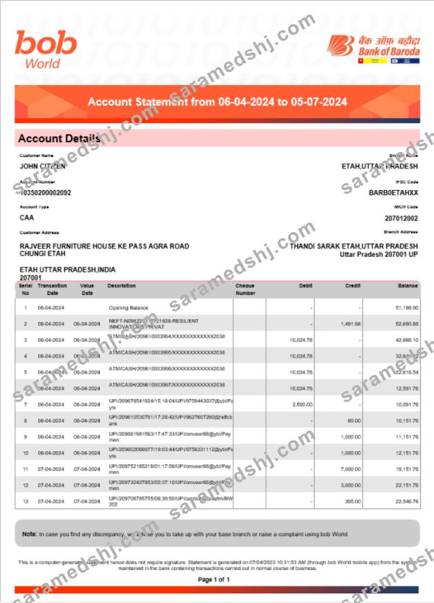 India Bob Bank of Boroda statement Word and PDF example